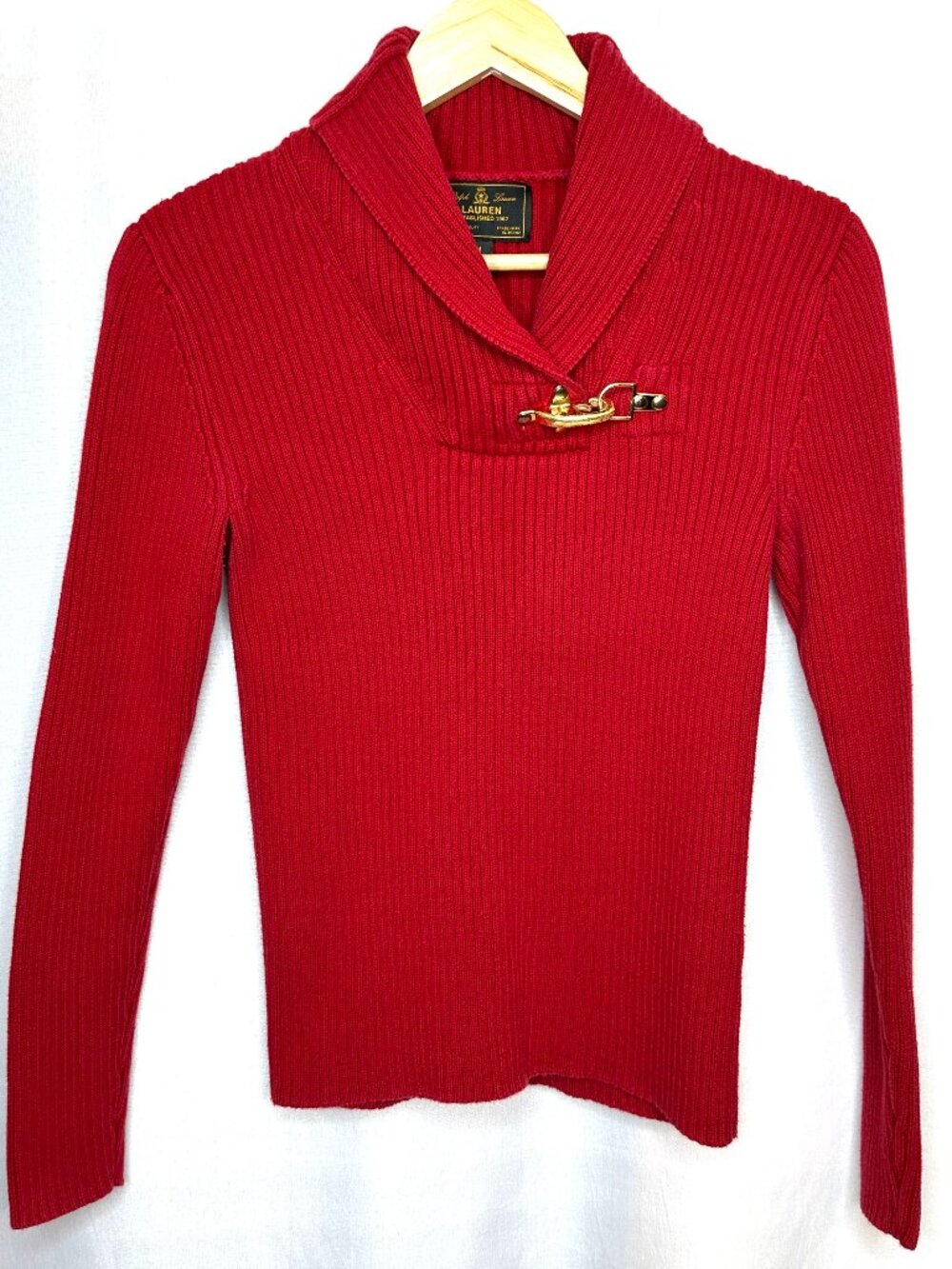 Ralph Lauren Red Ribbed Shawl Collar Sweater, Medium Old Money Preppy Downtown